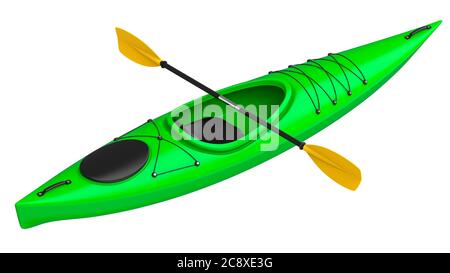 Kayak crossover verde con pagaia gialla. Rendering 3D, isolato su sfondo bianco Foto Stock