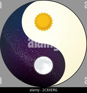 Illustrazione Vettoriale. Cosmologici yin yang con il sole e la luna. Di giorno e di notte. Illustrazione Vettoriale