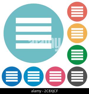 Icona allineamento testo piatto giustificazione impostata su sfondo rotondo. Illustrazione Vettoriale