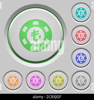 Set di colori turco Lira Casino chip pulsanti affondati. Illustrazione Vettoriale