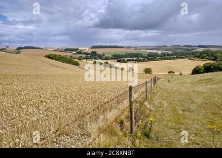 Rolling Wiltshire Countryside - Vista da Grovely Down, Grovely Wood, attraverso la Wylye Valley verso Chilhampton e la città mercato di Wilton UK. Foto Stock