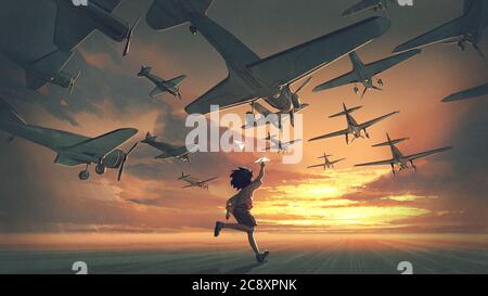 il ragazzo gioca aerei di carta e guardando aerei che volano nel cielo del tramonto, stile arte digitale, pittura di illustrazione Foto Stock