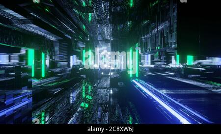 Rappresentazione 3D di luci al neon astratte verdi e blu Foto Stock