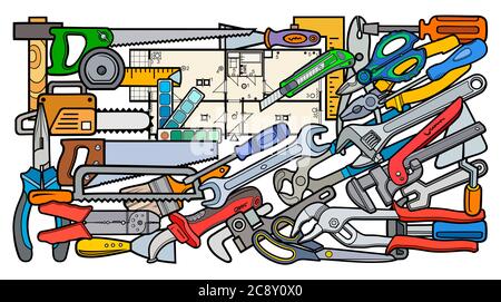 Illustrazione degli strumenti di riparazione dei doodles dei cartoni animati Illustrazione Vettoriale