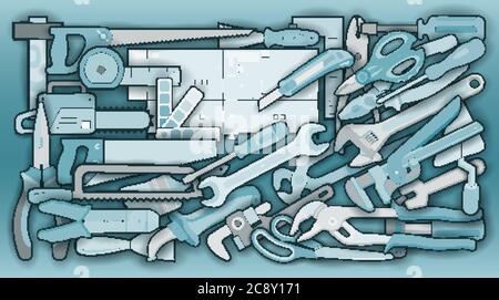 Illustrazione degli strumenti di riparazione dei doodles dei cartoni animati Illustrazione Vettoriale