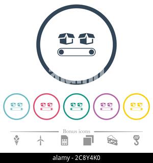 Trasportatore con scatole icone di colore piatto in contorni rotondi. 6 icone bonus incluse. Illustrazione Vettoriale