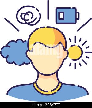 Condizioni di salute mentale icona colore RGB. Disturbo psicologico. Psicoterapia per paziente. Stress e depressione. Cambiamento di espressione emotiva. Umore swi Illustrazione Vettoriale