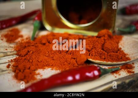 Vista su lattina ribaltata con polvere di paprika affumicata e cucchiaio di legno Foto Stock