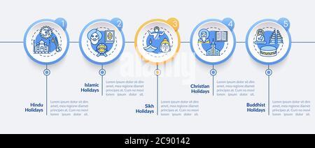 Modello infografico vettoriale delle festività religiose indiane. Vacanze buddhiste. Elementi di progettazione della presentazione. Visualizzazione dei dati con 5 fasi. Tempo di elaborazione Illustrazione Vettoriale