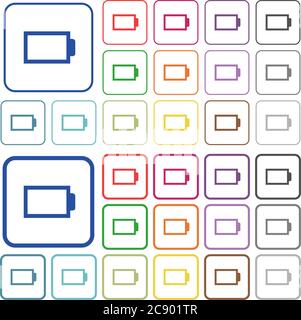 Icone colorate della batteria scarica in cornici quadrate piatte e arrotondate. Versioni sottili e spesse incluse. Illustrazione Vettoriale