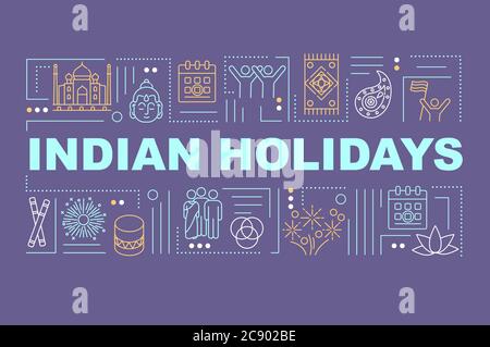 Banner concetti di parola per le festività indiane. Cultura e tradizioni dell'India e tradizioni indù infografiche con icone lineari su sfondo rosa. Isolato Illustrazione Vettoriale