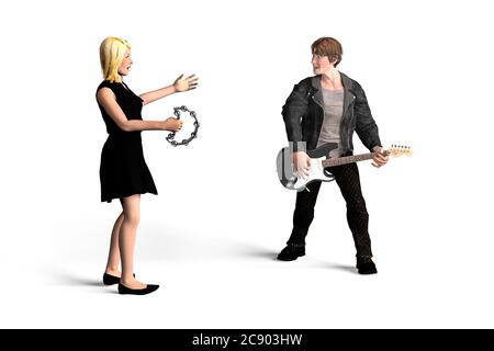 Ragazzo si alza e suona la chitarra, ragazza si alza accanto e suona tamburello - entrambi si guardano l'un l'altro - isolato su sfondo bianco - 3D Illu Foto Stock