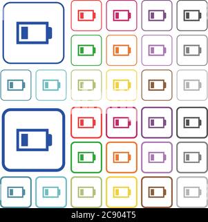 Icone di colore della batteria in cornice quadrata arrotondata e piatta. Versioni sottili e spesse incluse. Illustrazione Vettoriale