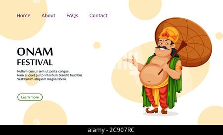 Happy Onam festival in Kerala. Onam celebrazione, tradizionale indiano vacanza. Re Mahabali con ombrello. Illustrazione vettoriale, utilizzabile per sito Web, lan Illustrazione Vettoriale
