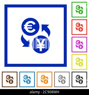 Euro Yen scambiano icone di colore piatto in cornici quadrate Illustrazione Vettoriale