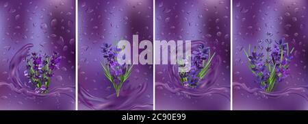 Raccolta di lavanda violetta con gocce d'acqua. Spruzzi d'acqua sulla lavanda. Olio aroma lavanda. Delicato bouquet di lavanda. Illustrazione vettoriale 3D realistica. Illustrazione Vettoriale