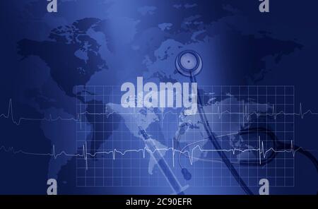 Mappa mondiale con stetoscopio, ago e grafico ecg Foto Stock