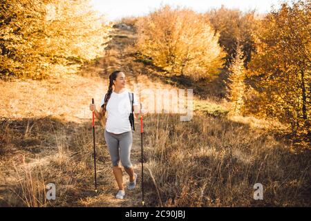 Donna incinta nordica Walking nella foresta autunnale con zaino e bastoni da trekking. Stile di vita sano e attivo nel tempo di maternità. Esercizi di gravidanza per il benessere. Foto Stock