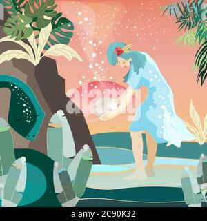 illustrazione vettoriale concettuale di donna che tiene la grande perla per ottenere una benedizione da creatura spirituale in tropici Illustrazione Vettoriale