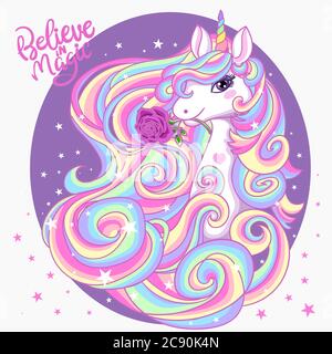 Unicorno bianco. Poster, etichetta, biglietto di auguri o stampa carino. L'iscrizione 'Believe in Magic'. Doodle vettore art. Cornice ovale. Illustrazione vettoriale Illustrazione Vettoriale