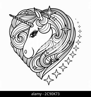 Testa Unicorn carina con una mane lunga. Stilizzato a forma di cuore. Illustrazione vettoriale in bianco e nero per colorare, stampare, tatuare. Illustrazione Vettoriale