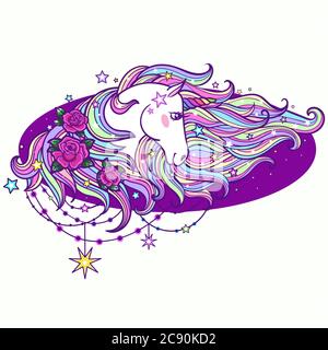 La testa di un unicorno bianco con una lunga manna e rose. Animale fantasy. Per le vostre pinte di disegno, poster, schede, ecc. illustrazione vettoriale Illustrazione Vettoriale