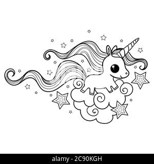 Cartone animato, unicorno carino con una lunga mane. Bianco e nero. Stile Doodle. Disegnato a mano. Per stampe, poster, libri da colorare, cartoline, ecc. Vector Illustrazione Vettoriale