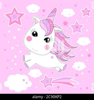 Cute piccolo bianco magico unicorn sfondo rosa. Fantasy Animal per stampe di design, poster per bambini. Illustrazione del disegno a mano. Vettore Illustrazione Vettoriale