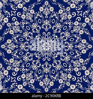 Tracciatura etnica senza cuciture in modelli di stile arabo. Ornamento geometrico in tonalità blu. Arabeschi stilizzati decorando. Illustrazione vettoriale. Illustrazione Vettoriale