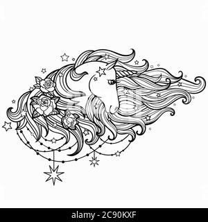 Unicorno con una lunga mane e rose. Bianco e nero. Per tatuaggio, libri da colorare, stampe grafiche, biglietti. Illustrazione vettoriale Illustrazione Vettoriale