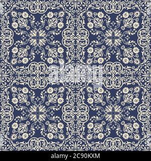 Tracciatura etnica senza cuciture in modelli di stile arabo. Ornamento geometrico in tonalità blu. Arabeschi stilizzati decorando. Illustrazione vettoriale. Illustrazione Vettoriale