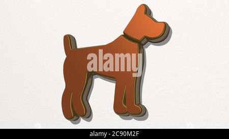 CANE da una prospettiva sul muro. Una scultura spessa fatta di materiali metallici di rendering 3D. Animale e carino Foto Stock