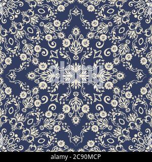 Tracciatura etnica senza cuciture in modelli di stile arabo. Ornamento geometrico in tonalità blu. Arabeschi stilizzati decorando. Illustrazione vettoriale. Illustrazione Vettoriale