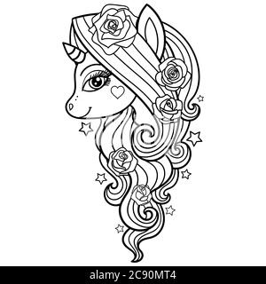 Unicorno con rose. Immagine in bianco e nero disegnata a mano. Per la progettazione di poster di stampe, libri da colorare, tatuaggi, ecc. Vector Illustrazione Vettoriale