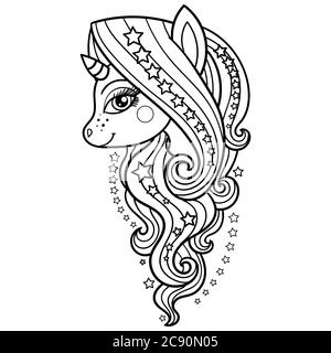 Unicorno con una lunga mane e stelle. Bianco e nero. Animale fantasy. Per la progettazione di stampe, poster, libri da colorare, tatuaggi, ecc. Vector Illustrazione Vettoriale