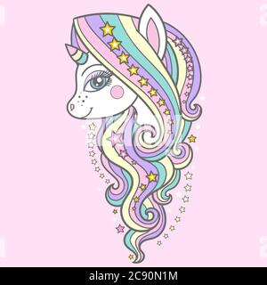 Carino unicorno con una lunga mane e stelle su uno sfondo rosa. Per stampe di design, poster, biglietti e così via. Vettore Illustrazione Vettoriale