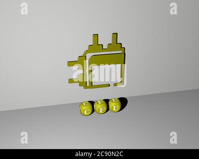 Illustrazione 3D della grafica della cpu e testo realizzato con lettere metalliche per i significati correlati del concetto e delle presentazioni. Computer e sfondo Foto Stock
