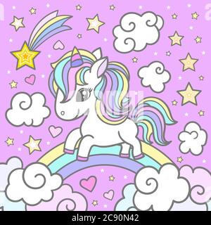 Piccolo unicorno sull'arcobaleno. Simpatico animale fantasy. Per il vostro disegno di stampa. poster, biglietti, adesivi, ecc. illustrazione vettoriale Illustrazione Vettoriale