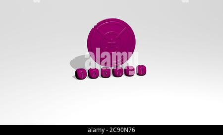 Rappresentazione 3D DEL BERSAGLIO con icona sulla parete e testo disposto da lettere cubiche metalliche su un pavimento a specchio per il significato concettuale e presentazione slideshow. Illustrazione e business Foto Stock