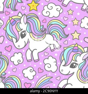 Pattern senza cuciture con simpatici unicorni, nuvole, stelle. Bambini magici`s sfondo. Per la progettazione di carta da parati, tessuto, carta da imballaggio, scrapbooking, Illustrazione Vettoriale