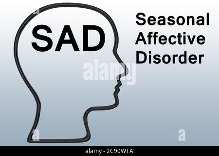 Illustrazione 3D della sagoma della testa contenente la parola SAD, isolata su gradiente blu. Foto Stock