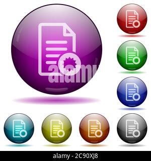 Document certificate colore vetro sfera pulsanti con ombre. Illustrazione Vettoriale