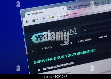 Ryazan, Russia - 20 maggio 2018: Homepage di YggTorrent sito web sul display del PC, url - YgTorrent.is Foto Stock