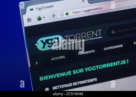 Ryazan, Russia - 20 maggio 2018: Homepage di YggTorrent sito web sul display del PC, url - YgTorrent.is Foto Stock