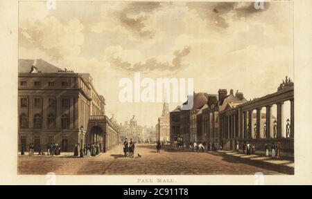 Vista del centro commerciale Pall che incontra Regent Street a Waterloo Place, Londra, 1822. Guardando verso est verso Cockspur Street e Charing Cross, con il palazzo del Principe Reggente di Carlton House (a destra) e una serie di persone alla moda nel colonnato del Teatro dell'Opera (a sinistra, ora Teatro di sua Maestà). Due draghi in strada. Incisione a mano su copperplate dal Repository delle Arti, della Letteratura, dei Fashion, dei Manufactures, ecc. di Rudolph Ackermann, Strand, Londra, 1822. Foto Stock