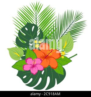 Bouquet di fiori tropicali. Esotico fiore e foglie di ibisco hawaiano. Collezione di piante e fiori esotici. Foto Stock