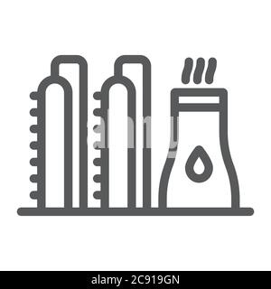 Icona della linea dell'impianto petrolifero, industria e raffineria, simbolo della fabbrica di energia, grafica vettoriale, un motivo lineare su sfondo bianco. Illustrazione Vettoriale