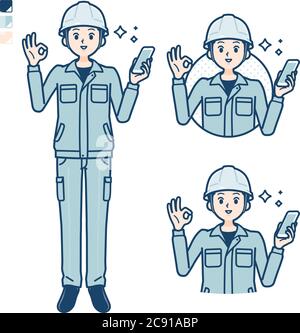 Un uomo che indossa un abbigliamento da lavoro con tenere uno smartphone e fare un OK segno immagini. È arte vettoriale, quindi è facile da modificare. Illustrazione Vettoriale