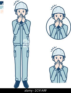 Un uomo che indossa un abbigliamento da lavoro con immagini stupite. È arte vettoriale, quindi è facile da modificare. Illustrazione Vettoriale