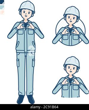 Un uomo che indossa un abbigliamento da lavoro con la creazione di un simbolo del cuore con immagini a mano. È arte vettoriale, quindi è facile da modificare. Illustrazione Vettoriale